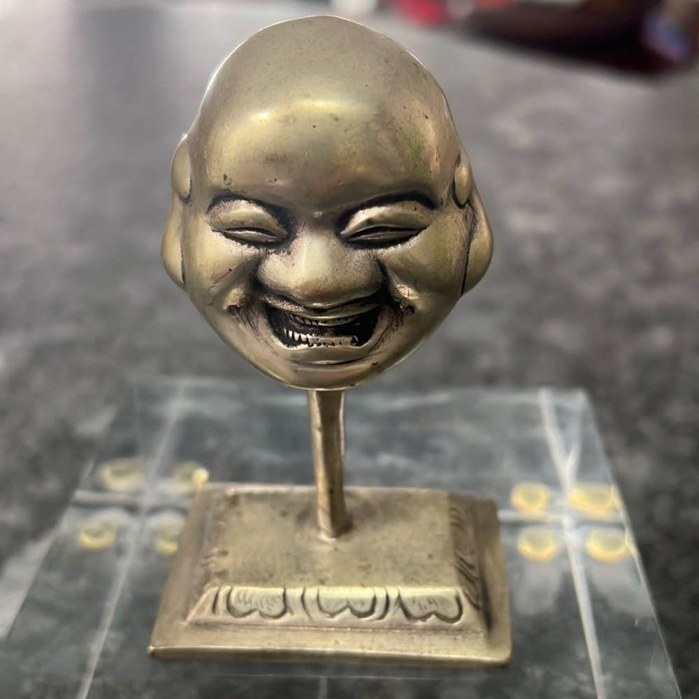Antique Metal Laughing Smiling Buddha Head On Base Miniature 3.5” Figurine